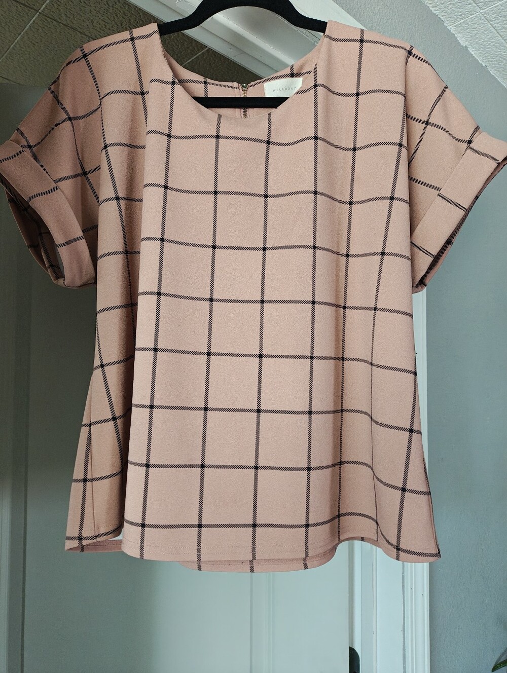 MELLODAY Blush Pink Windowpane Check Short Sleeve Top